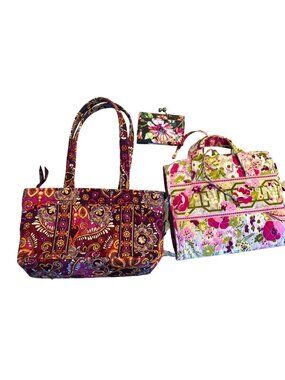 Vera Bradley 3 Piece Bundle Floral Tote Bag Wallet Travel Organizer Multicolor